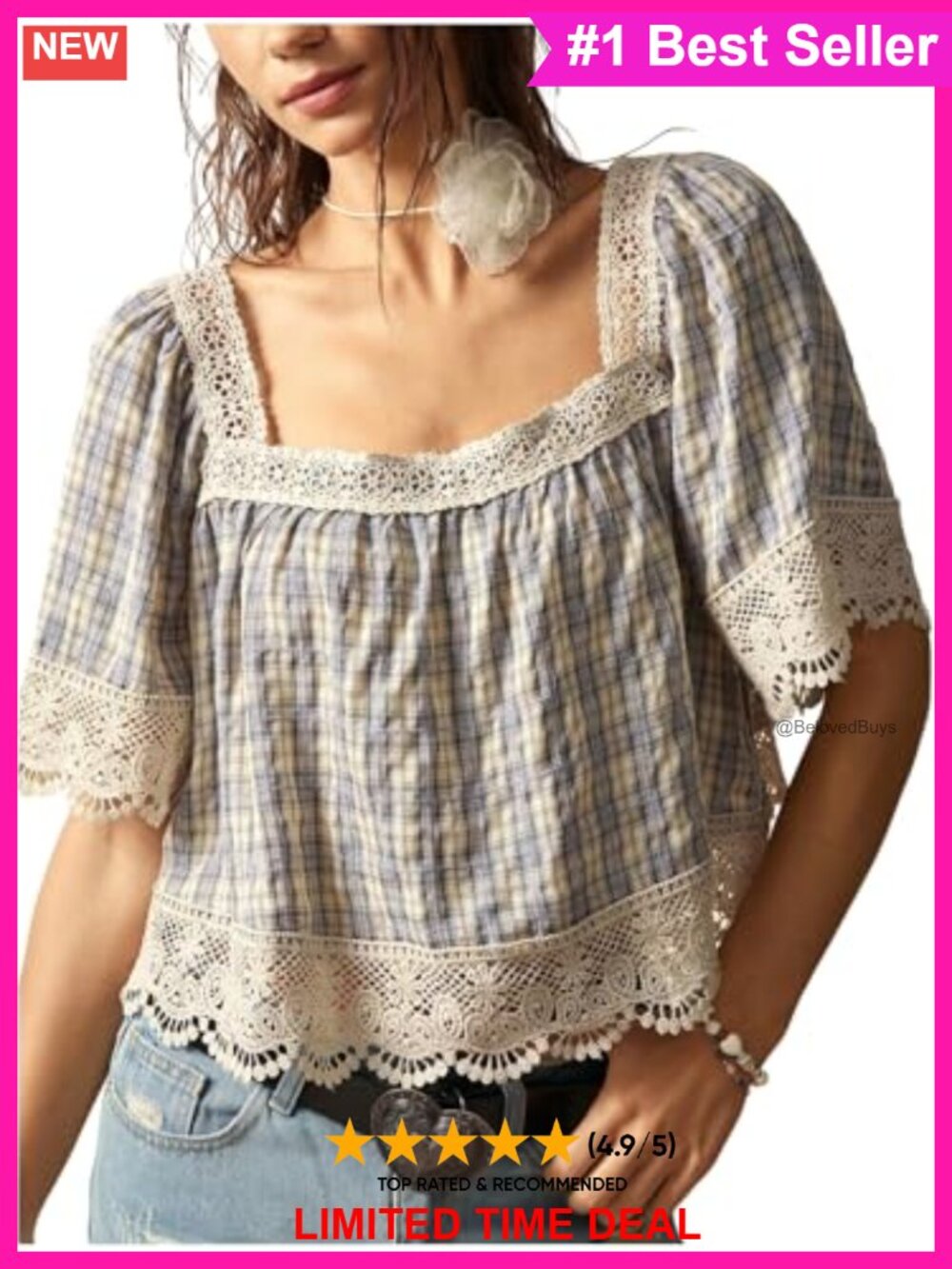 SHENHE Plaid Blouse Crochet Lace Square Neck Cottagecore Crop Top